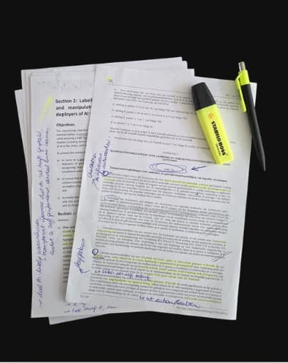 Pagina's uit de AI Act met gele markeerstift en blauwe aantekeningen in de kantlijn